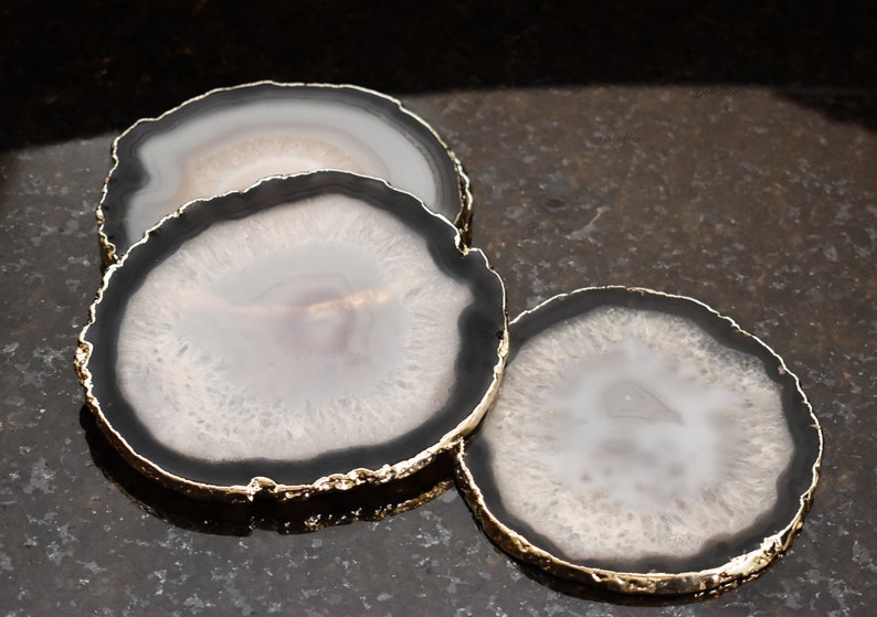 Black Agate Geode Coaster Natural Cut with Gold or Silver Plated Edge