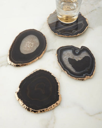 Black Agate Geode Coaster Natural Cut with Gold or Silver Plated Edge